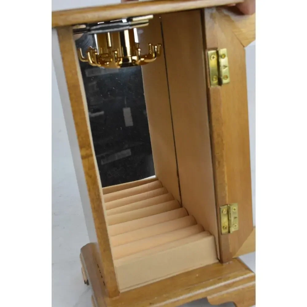 Vintage Wood Jewelry Armoire Cabinet Mirror Glass Door Necklace Box 10